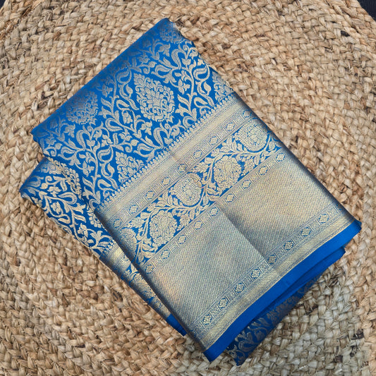 Kanchipuram Pure Handloom Silk Saree in  Blue with Rich Gold Zari Brocade Border and Grand Traditional Pallu