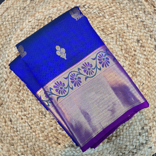 Royal Blue Kanchipuram Pure Handloom Silk Saree with Gold Zari Annapakshi Buttas and Contrast Lavender Pallu