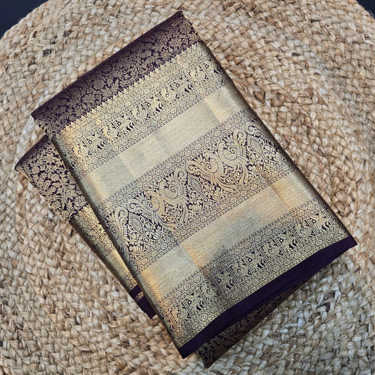 Royal Violet &  Gold with Rich Zari Border Kanchipuram Pure Handloom Silk Saree in Traditional Brocade Pallu