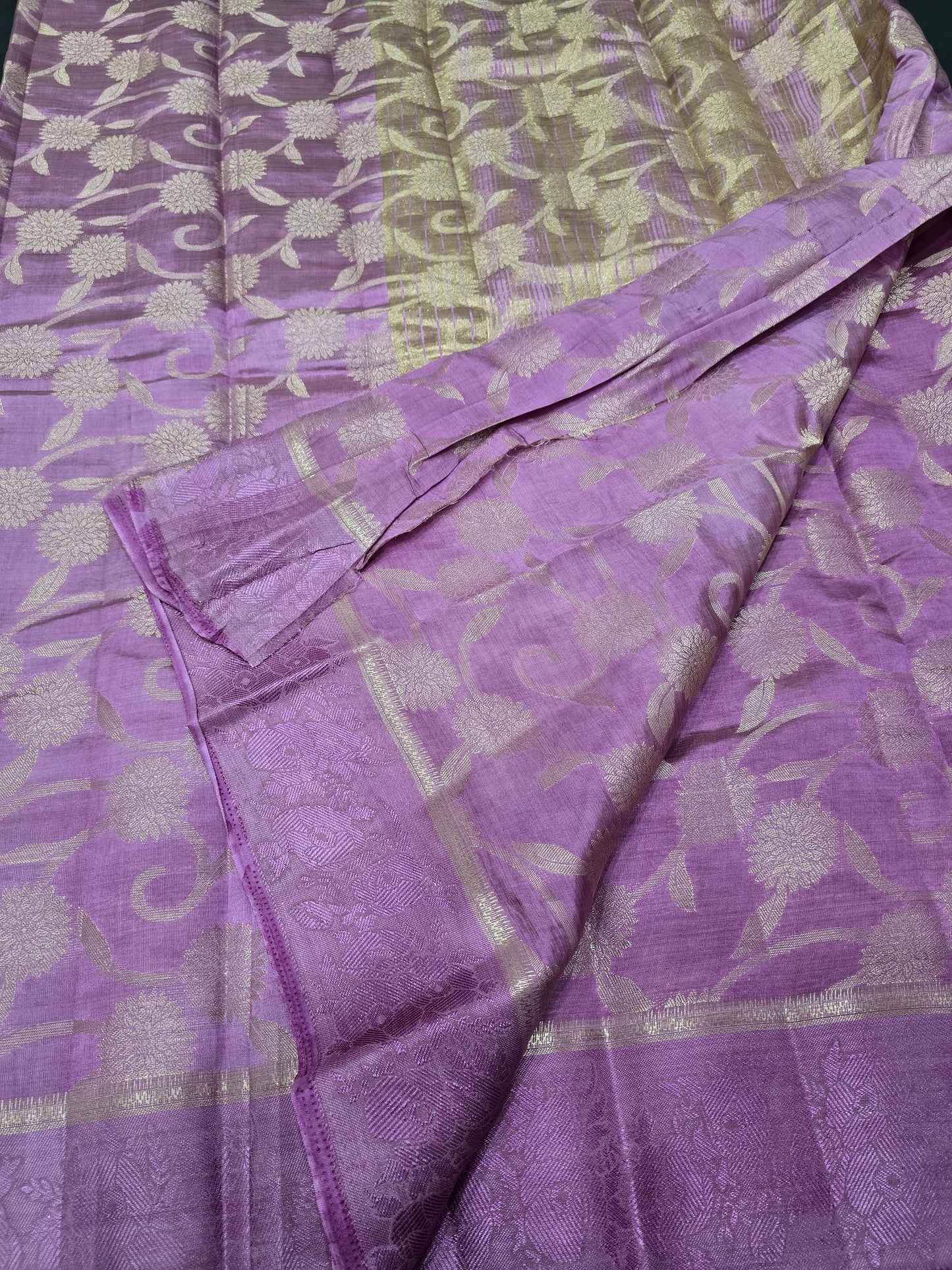 Elegant Semi-Tussar Silk Saree in Dusky Orchid Pink with All-Over Gold Zari Floral Jacquard