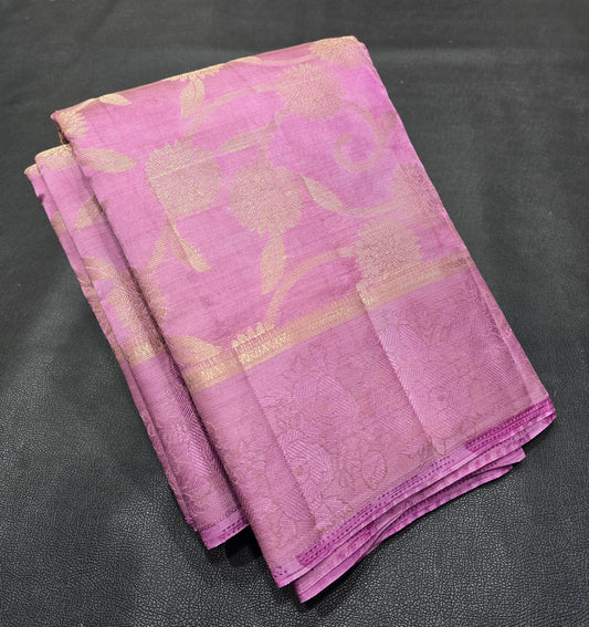 Elegant Semi-Tussar Silk Saree in Dusky Orchid Pink with All-Over Gold Zari Floral Jacquard