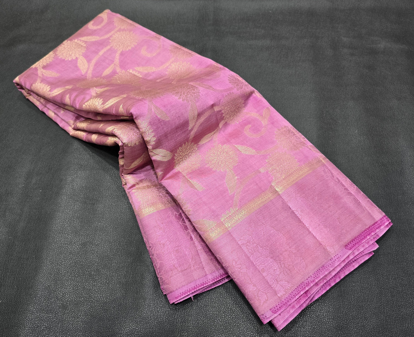 Elegant Semi-Tussar Silk Saree in Dusky Orchid Pink with All-Over Gold Zari Floral Jacquard
