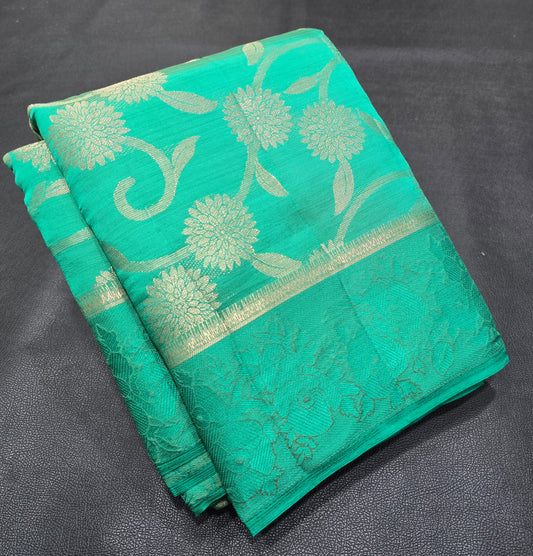 Seafoam Green Semi-Tussar Silk Saree with All-Over Gold Zari Floral Jaal & Fancy Border