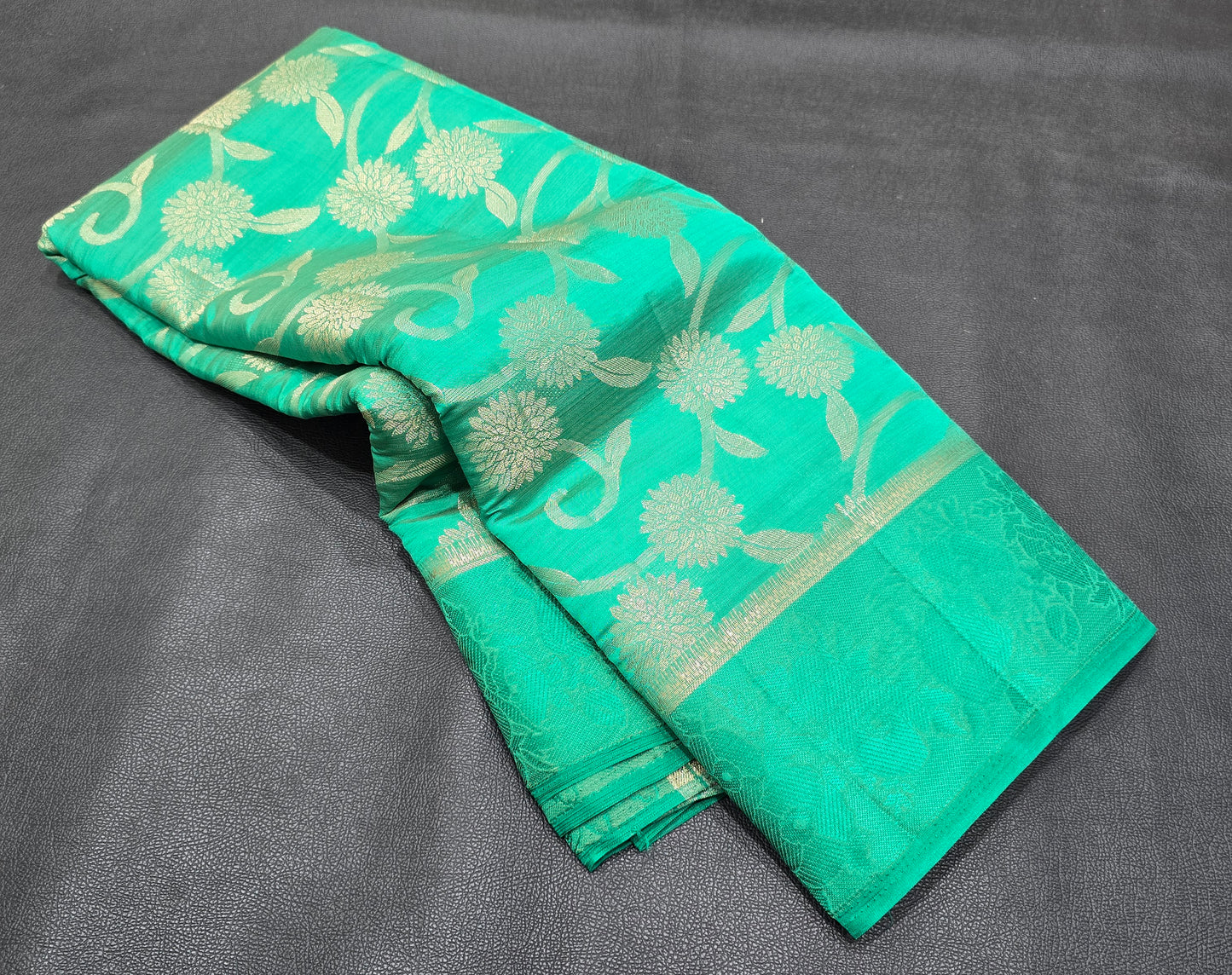 Seafoam Green Semi-Tussar Silk Saree with All-Over Gold Zari Floral Jaal & Fancy Border