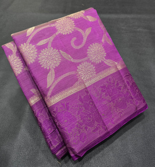 Royal Wine Purple Semi-Tussar Silk Saree with All-Over Gold Zari Floral Jaal and Woven Jacquard Border
