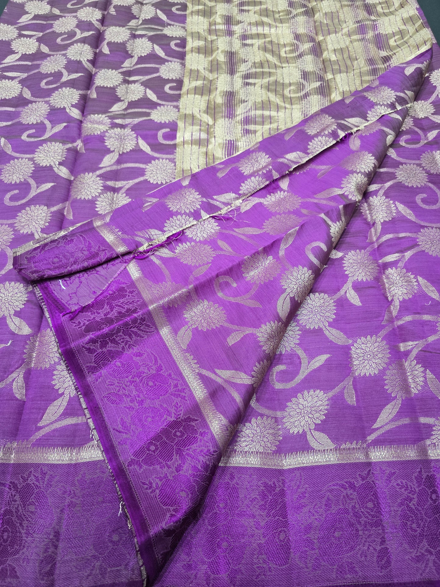 Royal Wine Purple Semi-Tussar Silk Saree with All-Over Gold Zari Floral Jaal and Woven Jacquard Border