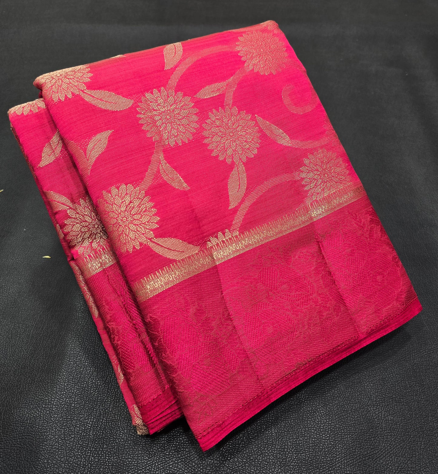 Rani Pink Semi-Tussar Silk Saree with All-Over Gold Zari Floral Jaal & Textured Border