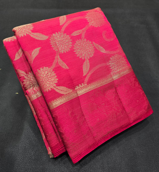 Rani Pink Semi-Tussar Silk Saree with All-Over Gold Zari Floral Jaal & Textured Border