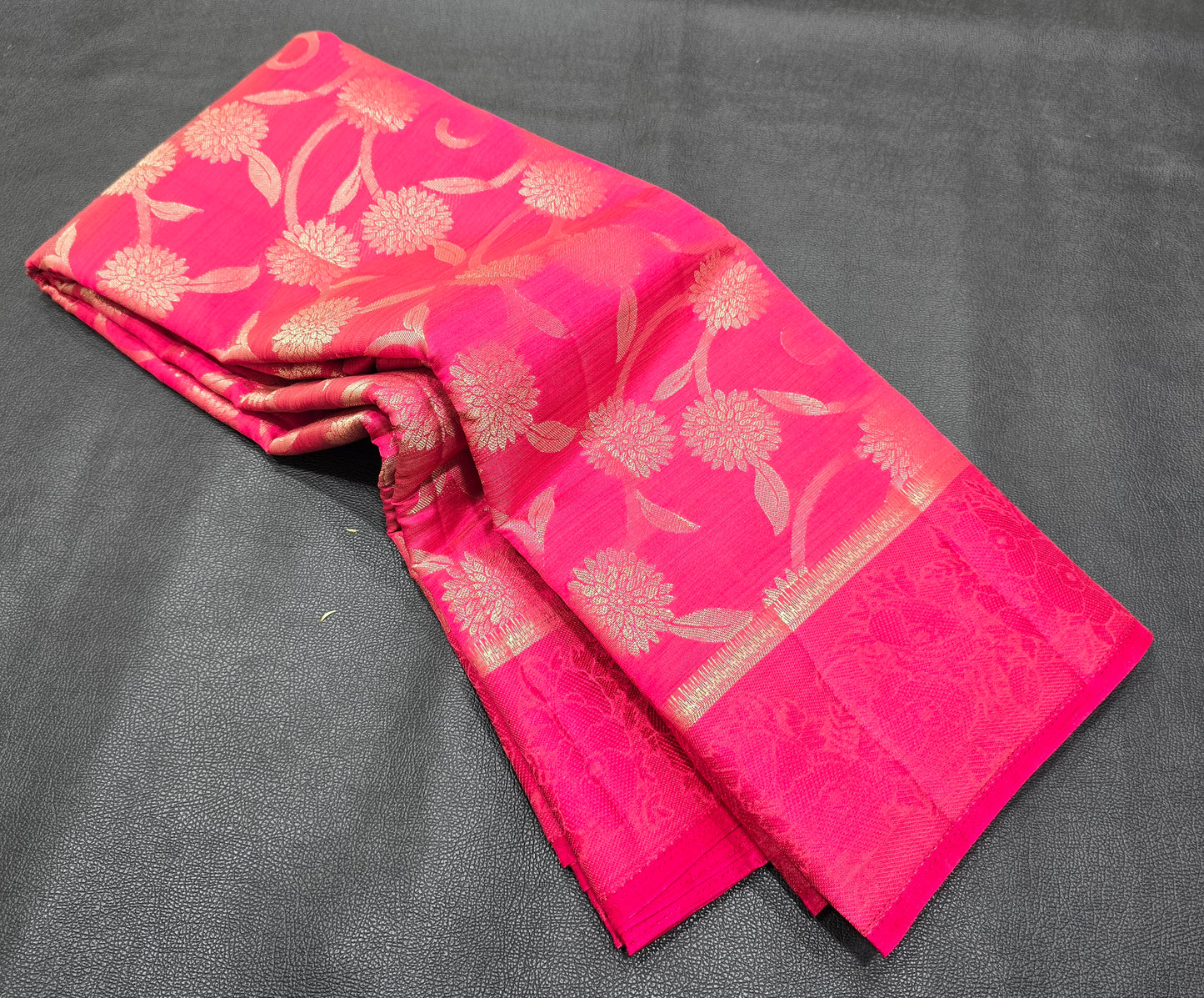 Rani Pink Semi-Tussar Silk Saree with All-Over Gold Zari Floral Jaal & Textured Border