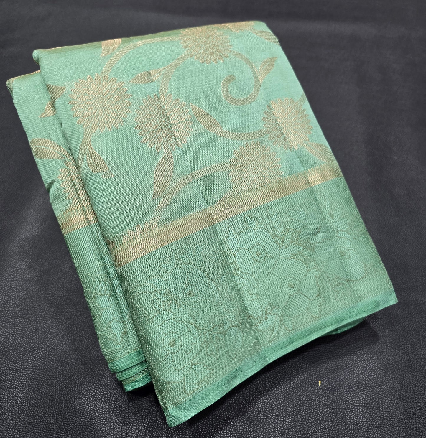 Serene Sea Green Semi-Tussar Silk Saree with All-Over Gold Zari Floral Jaal and Fancy Jacquard Border
