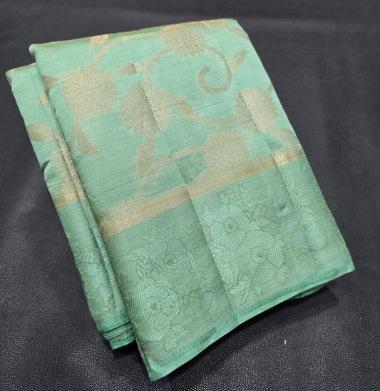Serene Sea Green Semi-Tussar Silk Saree with All-Over Gold Zari Floral Jaal and Fancy Jacquard Border