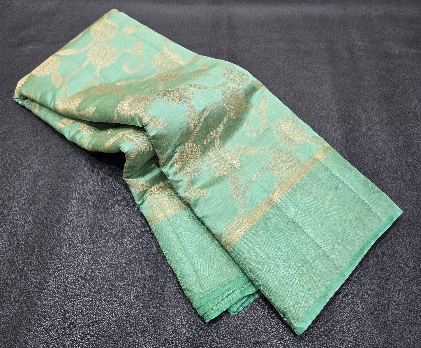 Serene Sea Green Semi-Tussar Silk Saree with All-Over Gold Zari Floral Jaal and Fancy Jacquard Border