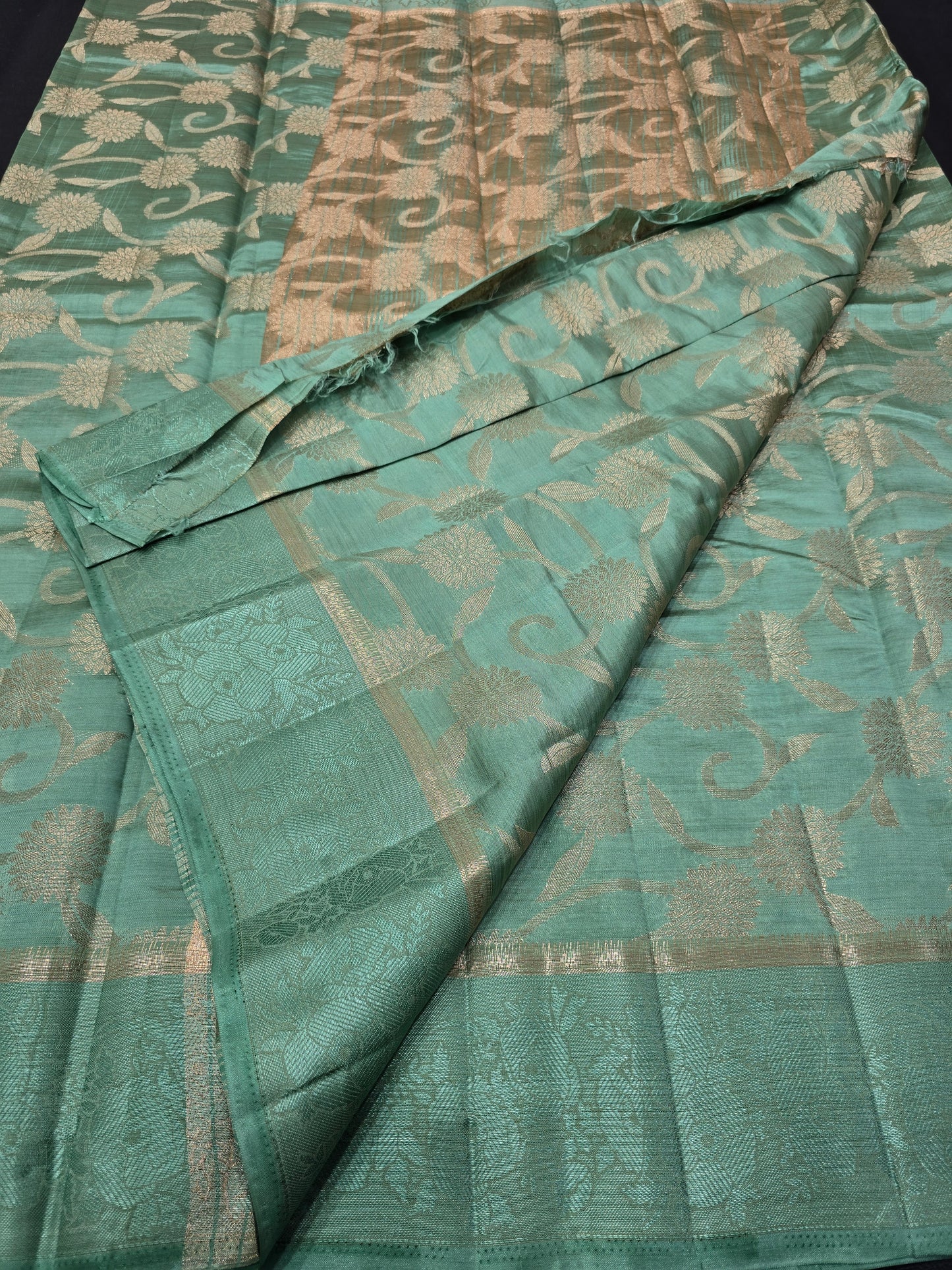 Serene Sea Green Semi-Tussar Silk Saree with All-Over Gold Zari Floral Jaal and Fancy Jacquard Border