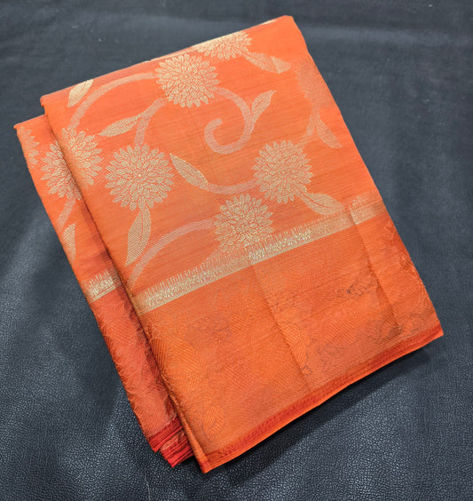 Vibrant Amber Orange Semi-Tussar Silk Saree with All-Over Gold Zari Floral Jaal and Woven Jacquard Border