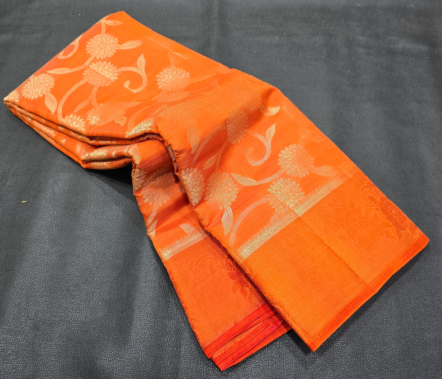 Vibrant Amber Orange Semi-Tussar Silk Saree with All-Over Gold Zari Floral Jaal and Woven Jacquard Border