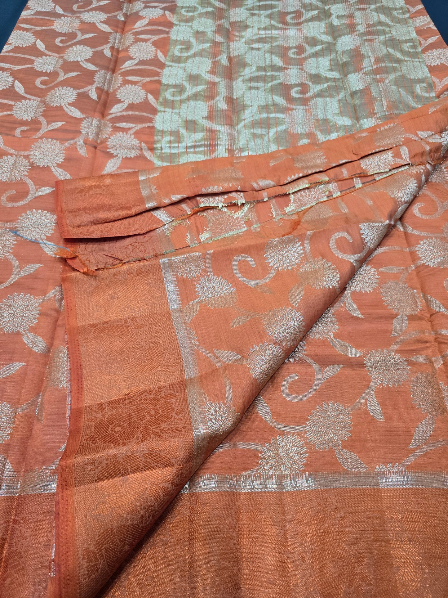 Vibrant Amber Orange Semi-Tussar Silk Saree with All-Over Gold Zari Floral Jaal and Woven Jacquard Border