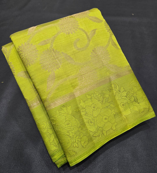 Refreshing Lime Green Semi-Tussar Silk Saree with All-Over Gold Zari Floral Jaal and Traditional Woven Border