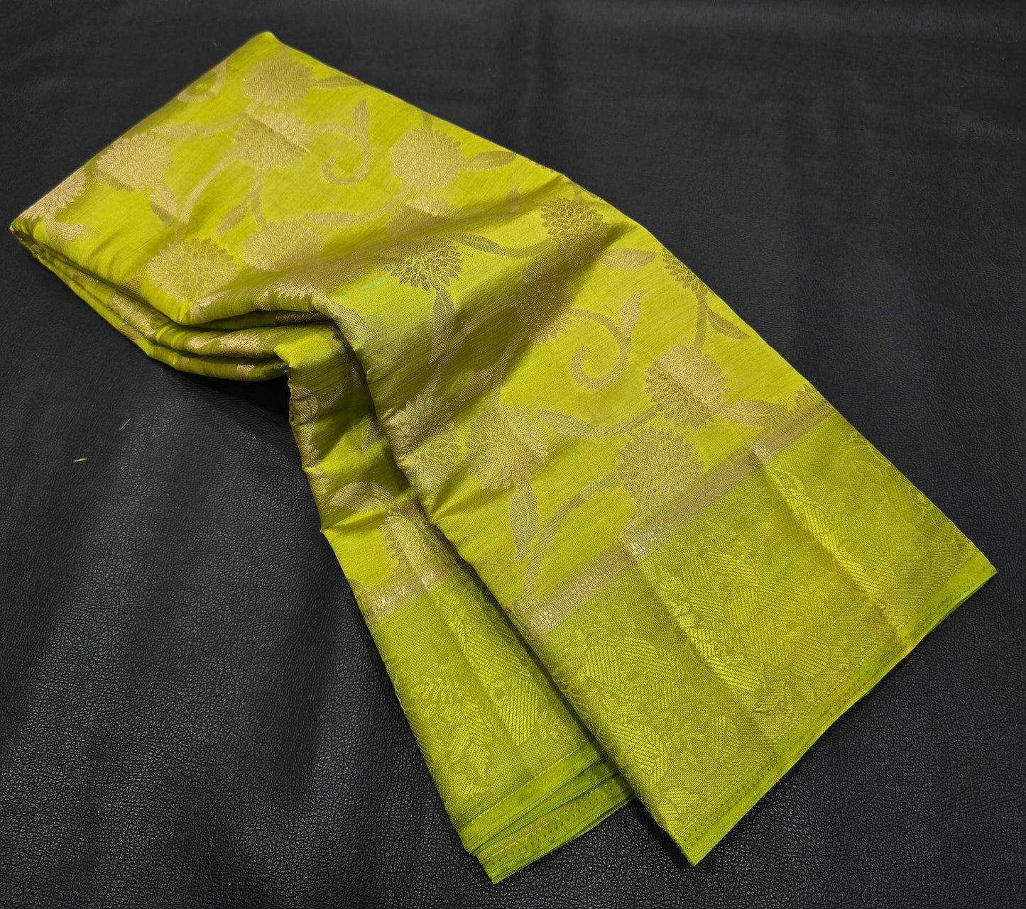 Refreshing Lime Green Semi-Tussar Silk Saree with All-Over Gold Zari Floral Jaal and Traditional Woven Border
