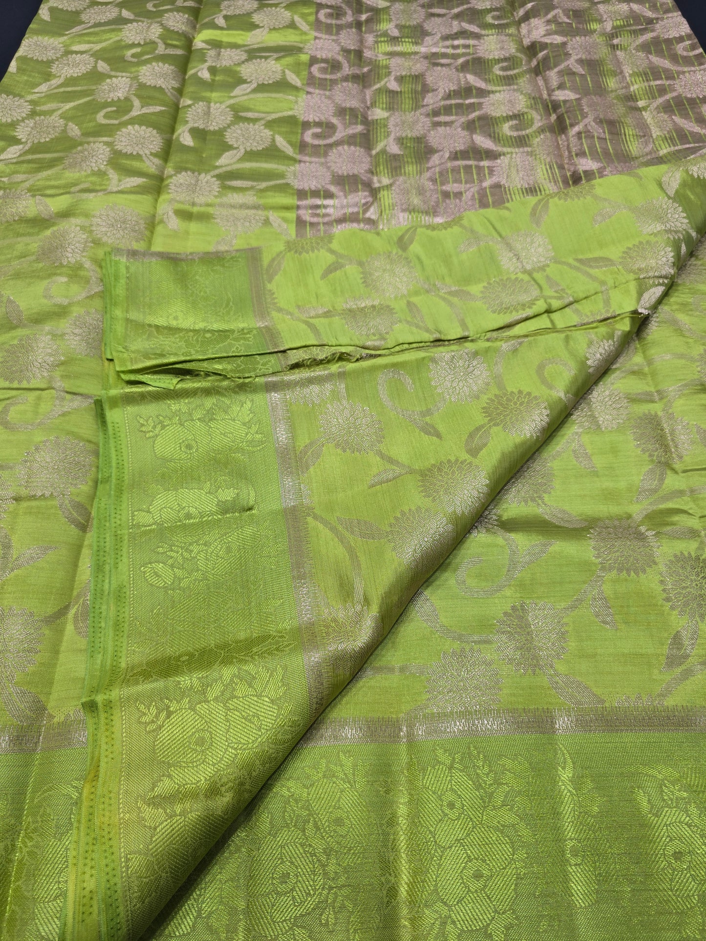 Refreshing Lime Green Semi-Tussar Silk Saree with All-Over Gold Zari Floral Jaal and Traditional Woven Border