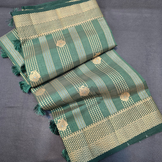 Semi Tussar Silk Saree – Elegant Teal Green Handloom Saree with Zari Border & Designer Pallu