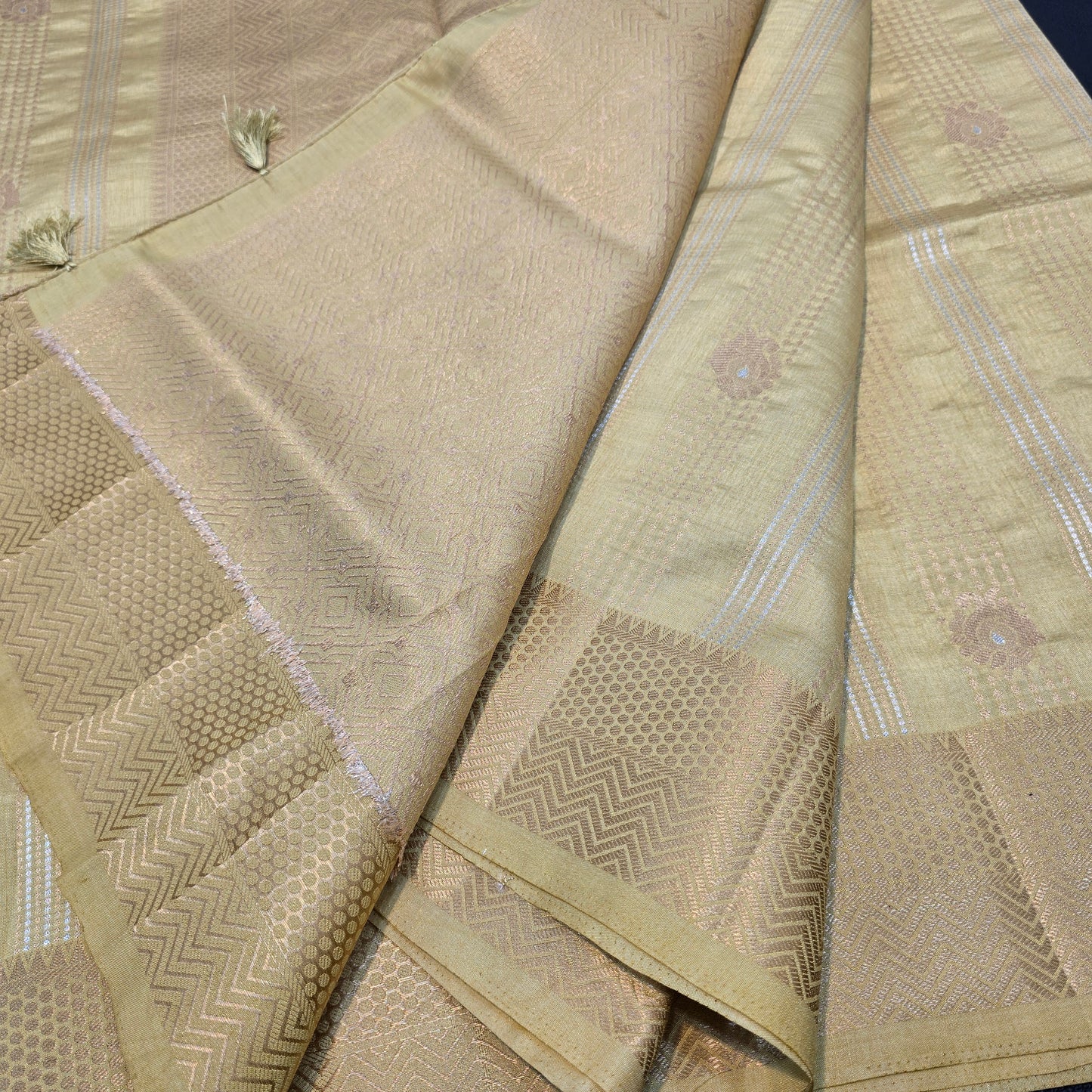 Elegant Gold Beige Semi Tussar Silk Saree with Traditional Zari Border & Rich Designer Pallu