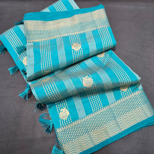Turquoise Blue Semi Tussar Silk Saree with Gold Zari Border & Traditional Designer Pallu