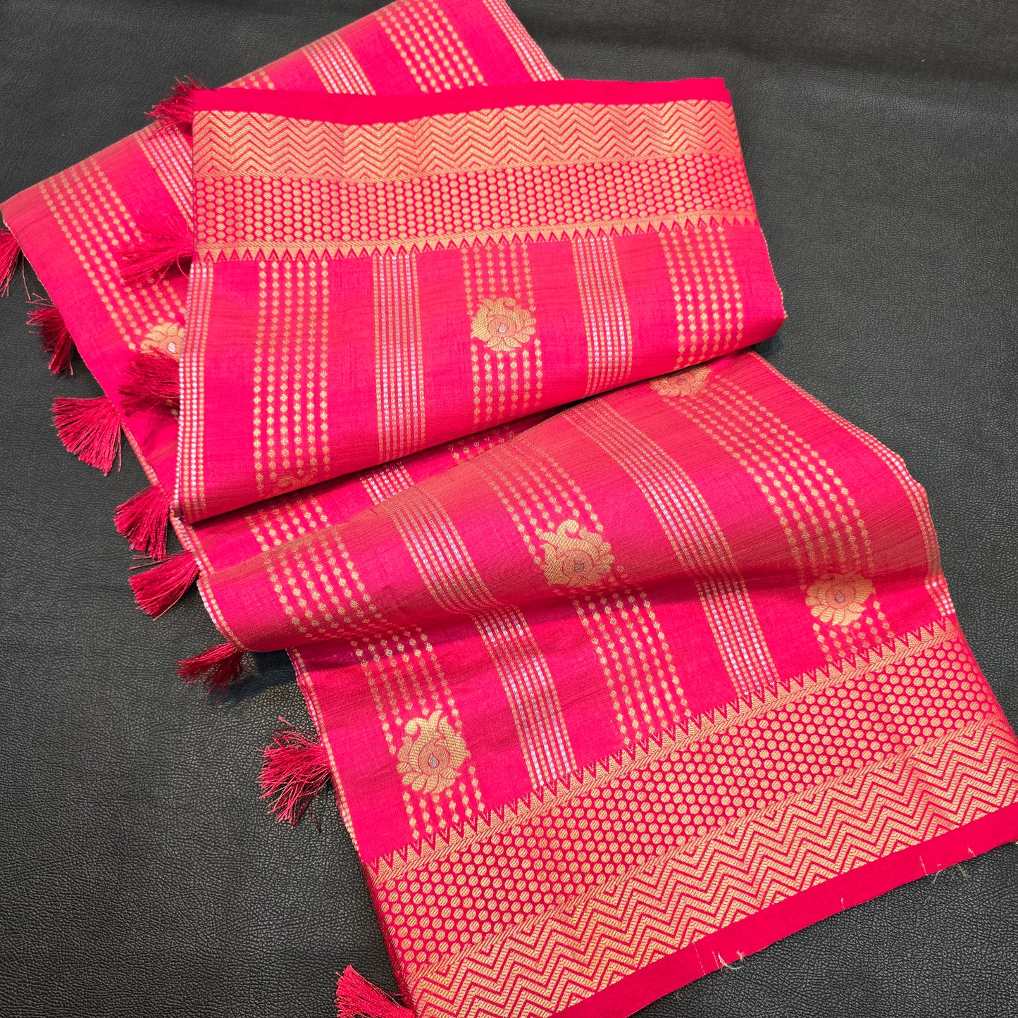 Elegant Pink Semi Tussar Silk Saree with Gold Zari Border & Traditional Designer Pallu