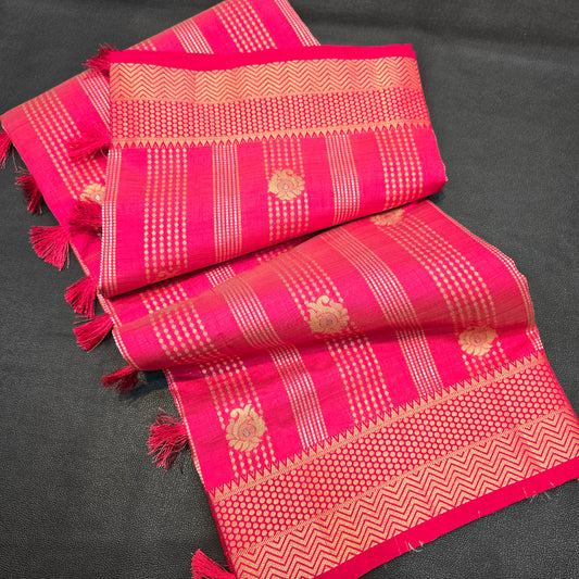 Elegant Pink Semi Tussar Silk Saree with Gold Zari Border & Traditional Designer Pallu