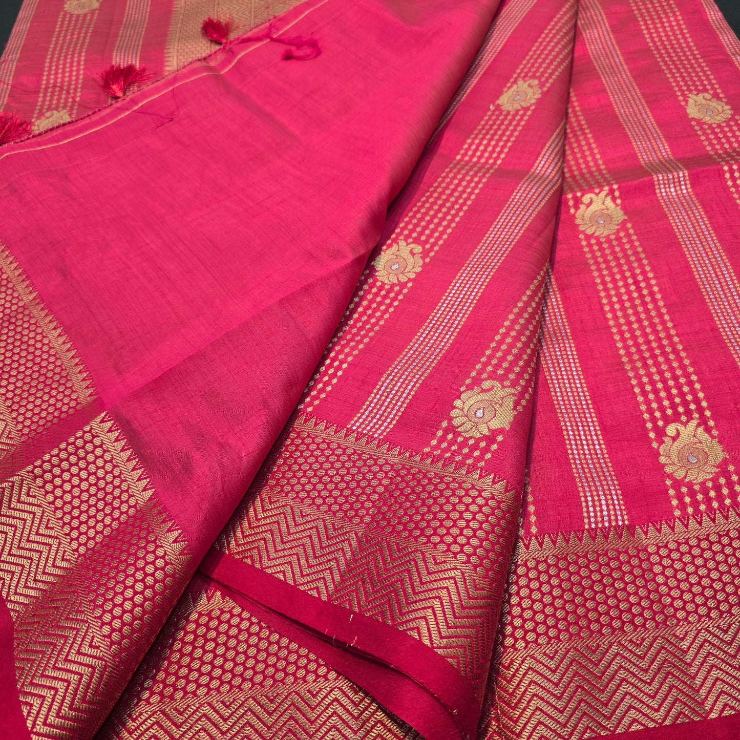 Elegant Pink Semi Tussar Silk Saree with Gold Zari Border & Traditional Designer Pallu