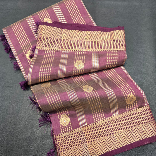Dusky Mauve Semi-Tussar Silk Saree with Geometric Zari Border and Striped Floral Pallu