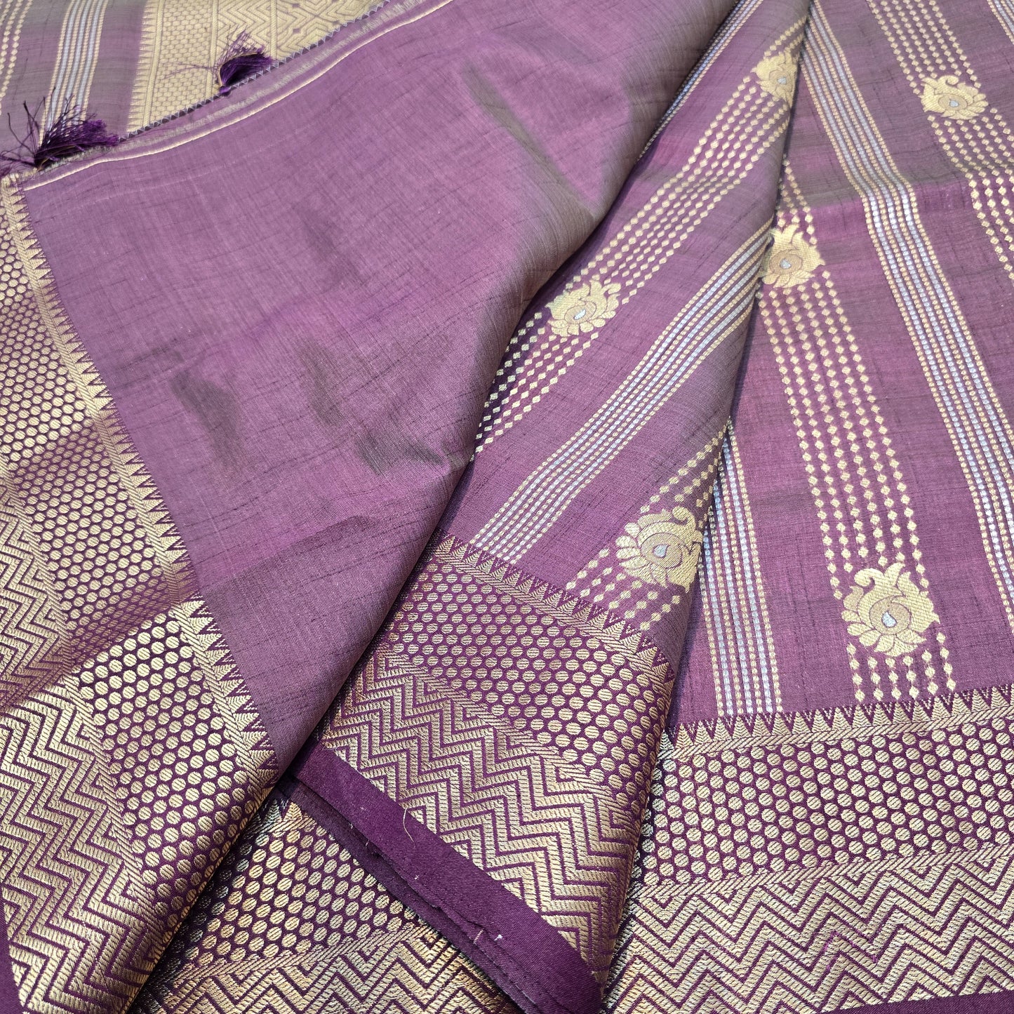 Dusky Mauve Semi-Tussar Silk Saree with Geometric Zari Border and Striped Floral Pallu