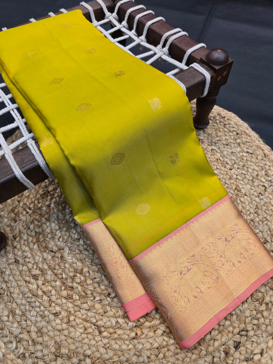 Kanchipuram Silk Saree Mustard Yellow with Pink Contrast Pallu & Zari Buttas Bridal Wear