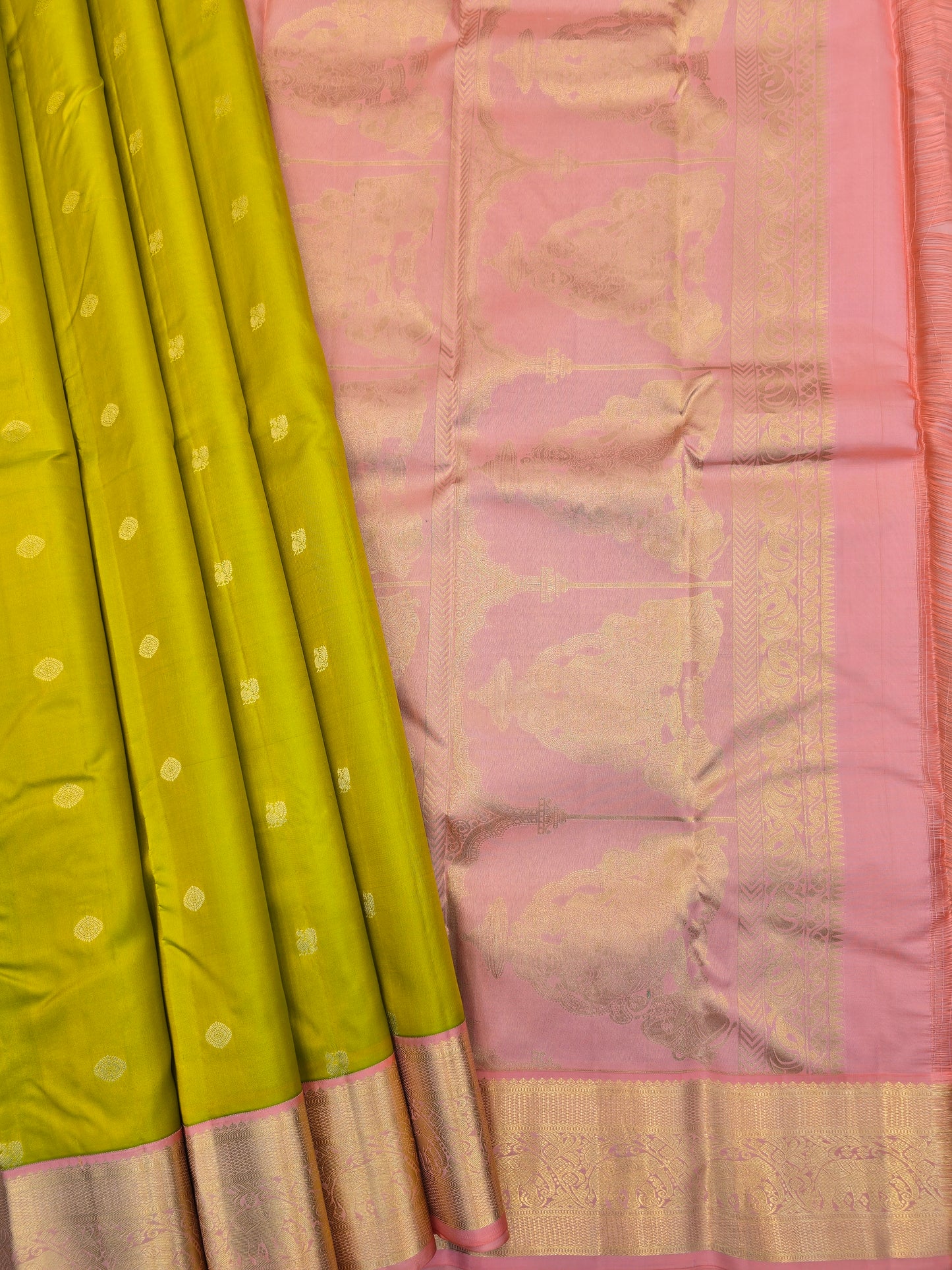 Kanchipuram Silk Saree Mustard Yellow with Pink Contrast Pallu & Zari Buttas Bridal Wear