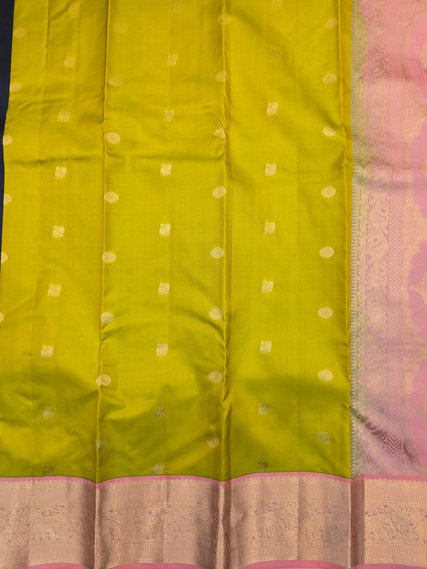 Kanchipuram Silk Saree Mustard Yellow with Pink Contrast Pallu & Zari Buttas Bridal Wear