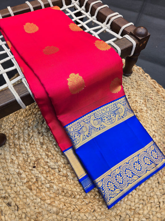 Kanchipuram Silk Saree Red with Royal Blue Contrast Border & Zari Buttas Bridal Wear