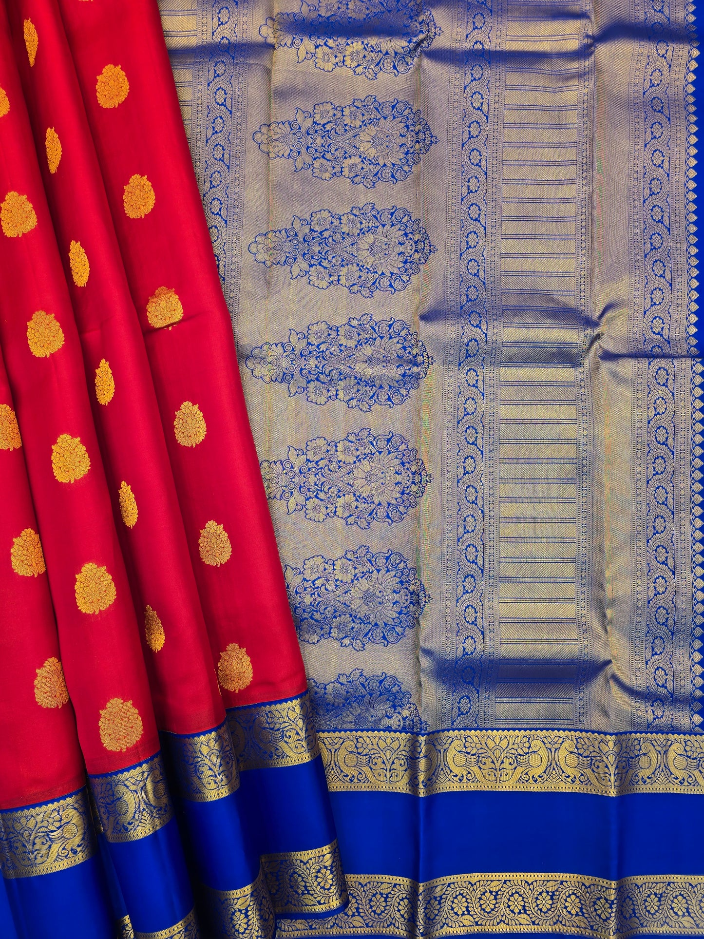 Kanchipuram Silk Saree Red with Royal Blue Contrast Border & Zari Buttas Bridal Wear