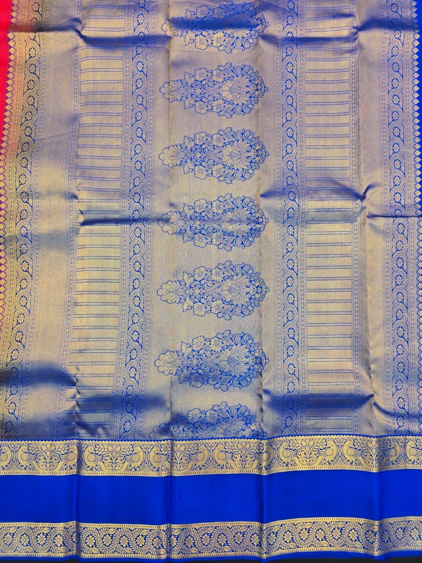 Kanchipuram Silk Saree Red with Royal Blue Contrast Border & Zari Buttas Bridal Wear