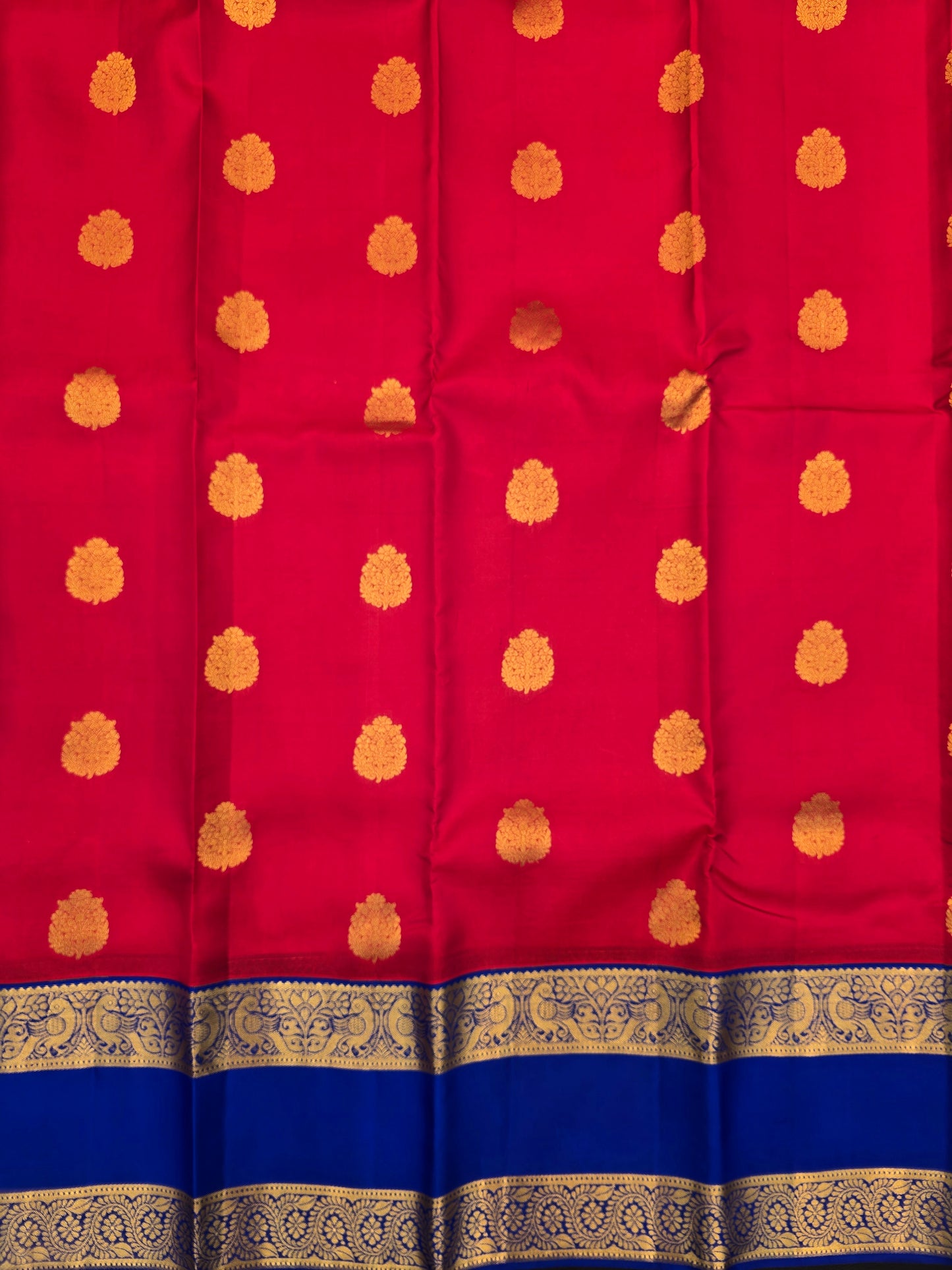 Kanchipuram Silk Saree Red with Royal Blue Contrast Border & Zari Buttas Bridal Wear