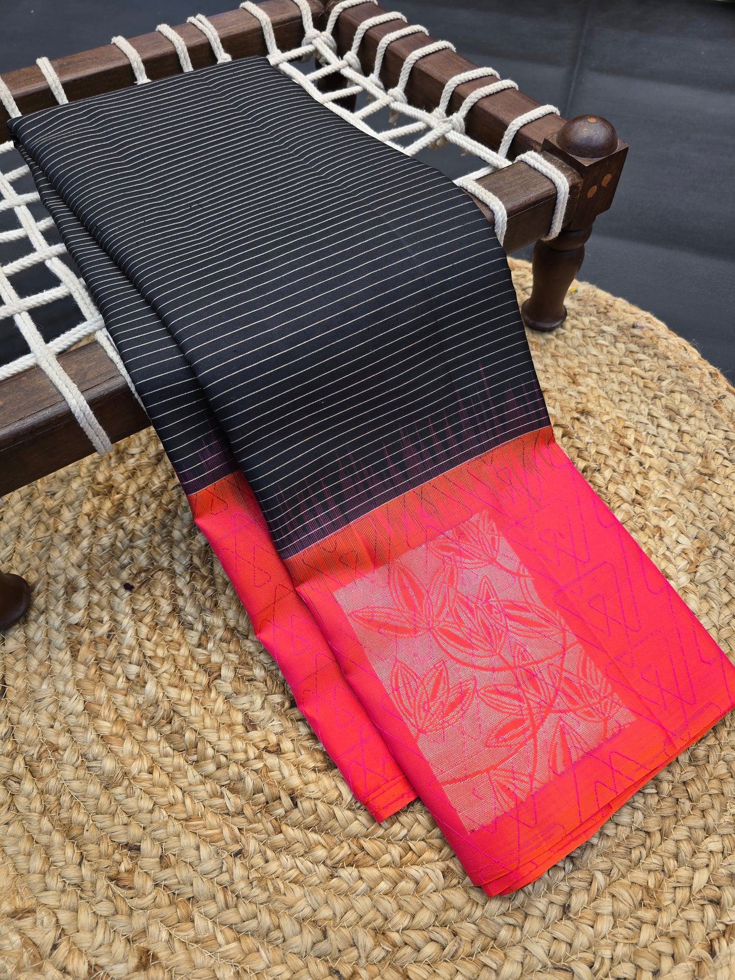 Kanchipuram Silk Saree Black with Coral Red Contrast Border & Modern Zari Design