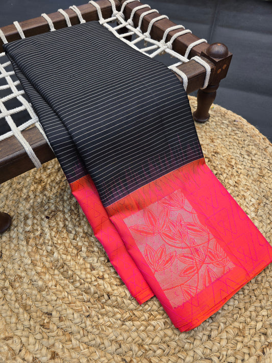Kanchipuram Silk Saree Black with Coral Red Contrast Border & Modern Zari Design
