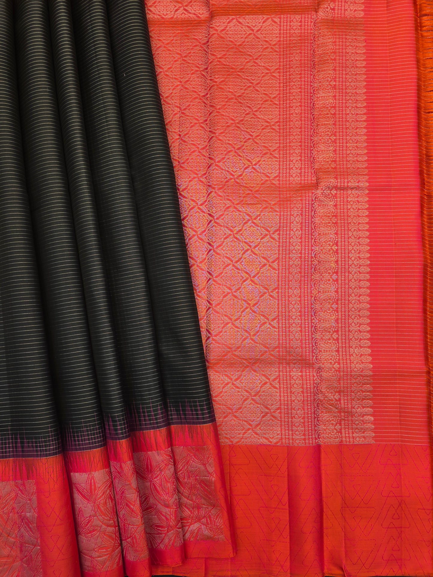 Kanchipuram Silk Saree Black with Coral Red Contrast Border & Modern Zari Design