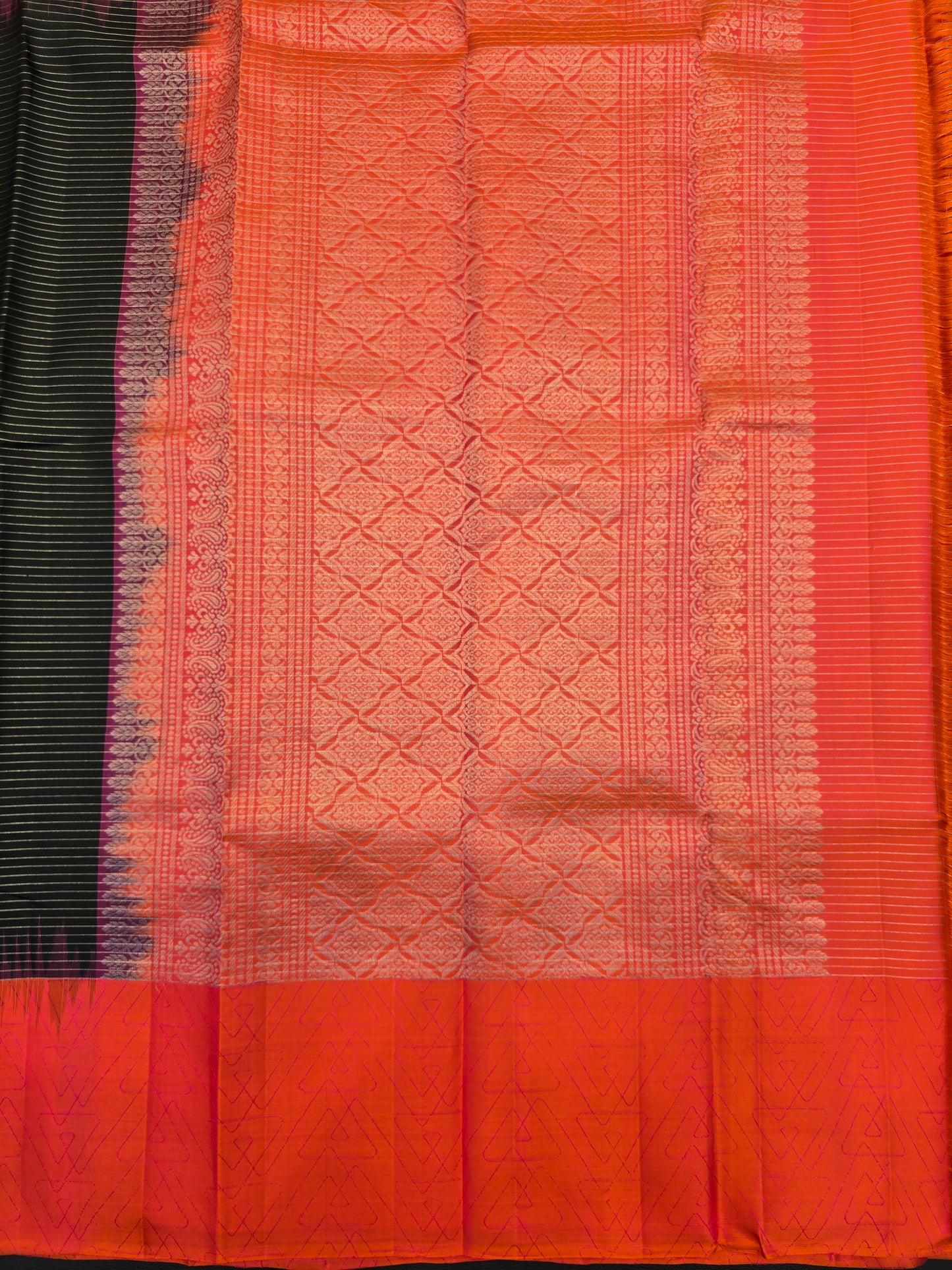 Kanchipuram Silk Saree Black with Coral Red Contrast Border & Modern Zari Design