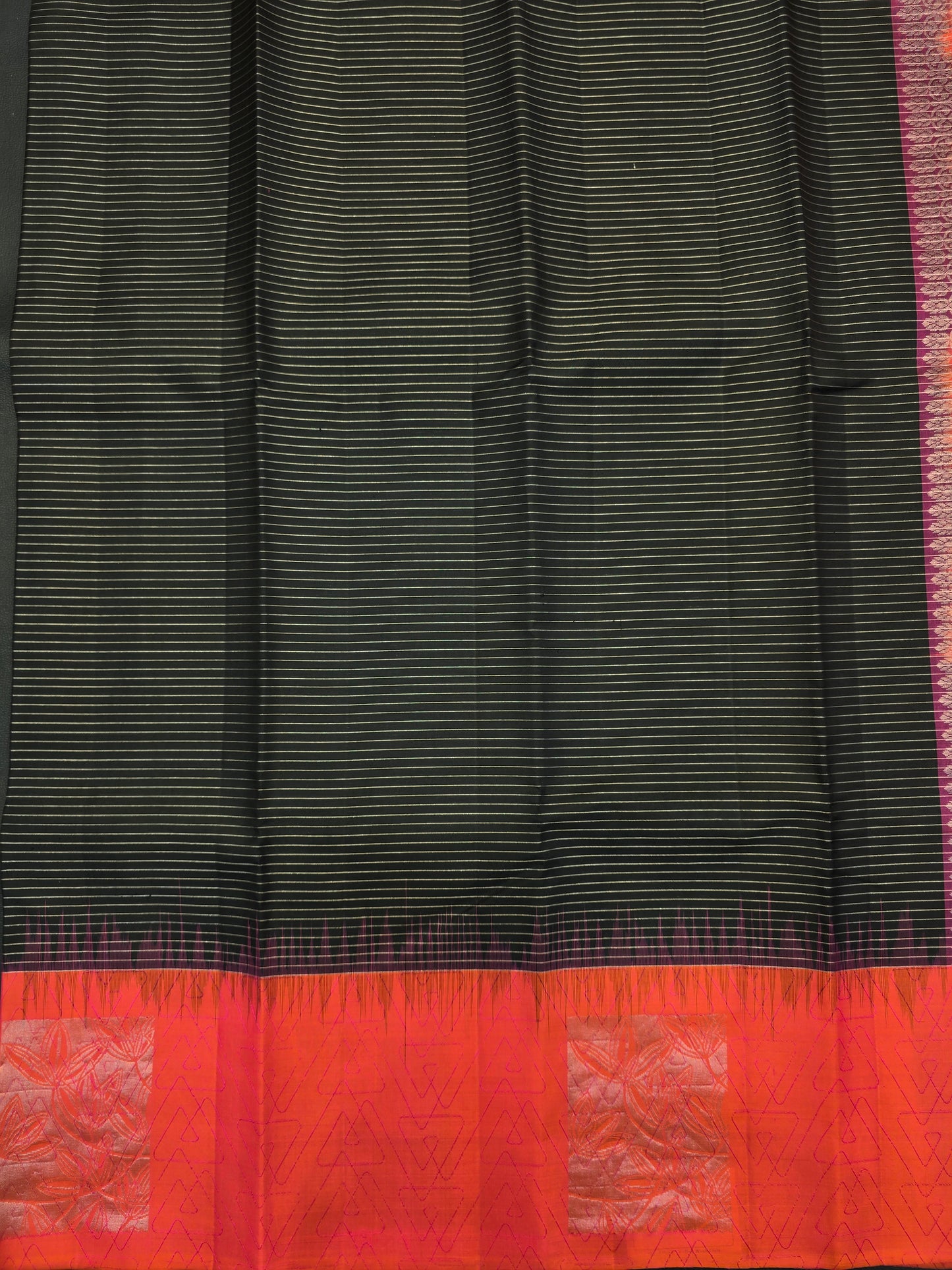 Kanchipuram Silk Saree Black with Coral Red Contrast Border & Modern Zari Design