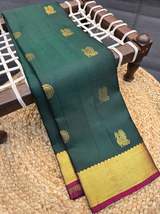 Kanchipuram Silk Saree Bottel Green with Maroon Contrast Pallu & Zari Buttas Bridal Wear