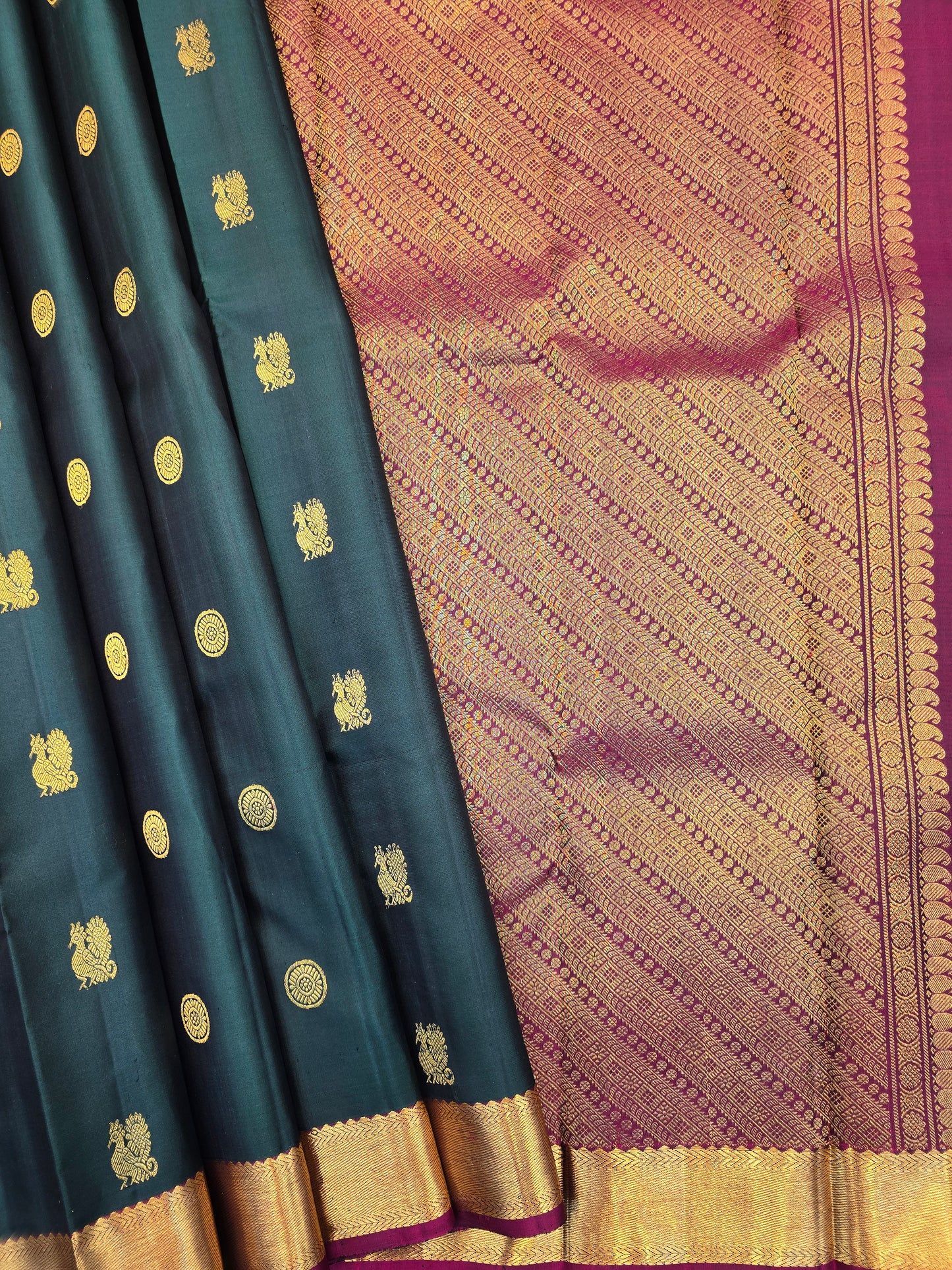 Kanchipuram Silk Saree Bottel Green with Maroon Contrast Pallu & Zari Buttas Bridal Wear