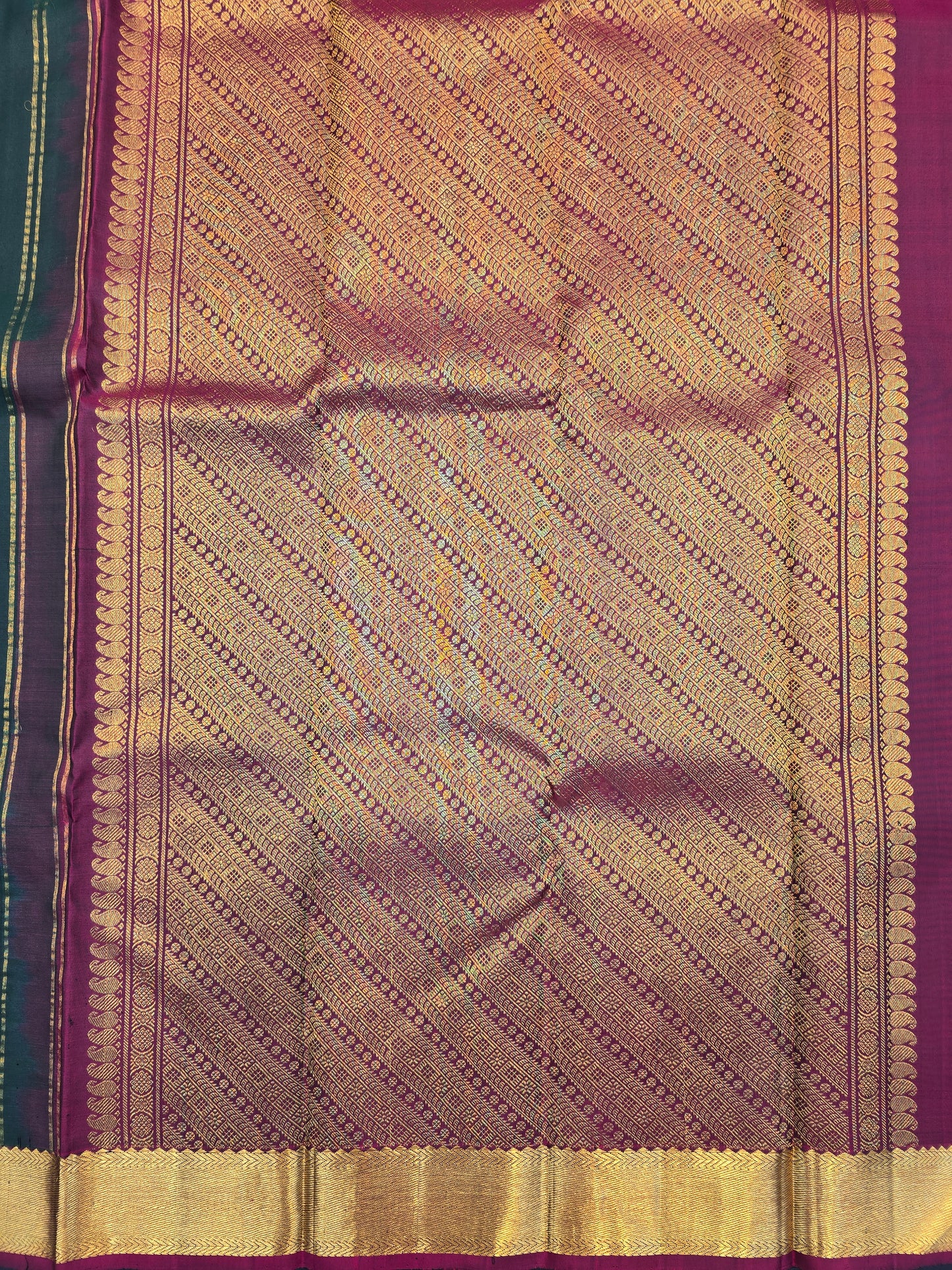 Kanchipuram Silk Saree Bottel Green with Maroon Contrast Pallu & Zari Buttas Bridal Wear