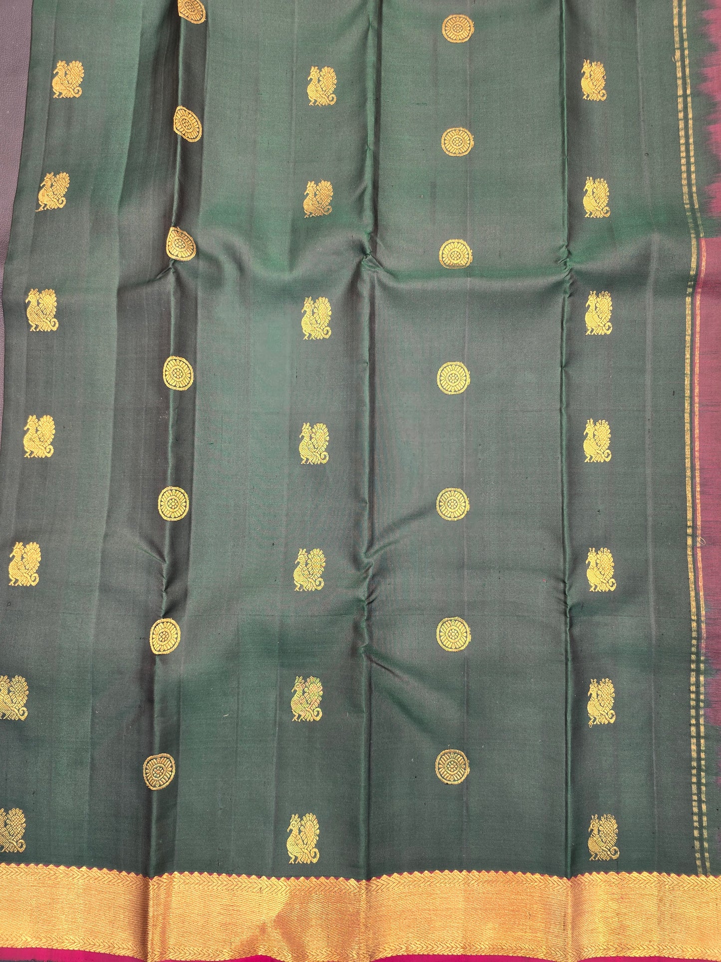 Kanchipuram Silk Saree Bottel Green with Maroon Contrast Pallu & Zari Buttas Bridal Wear