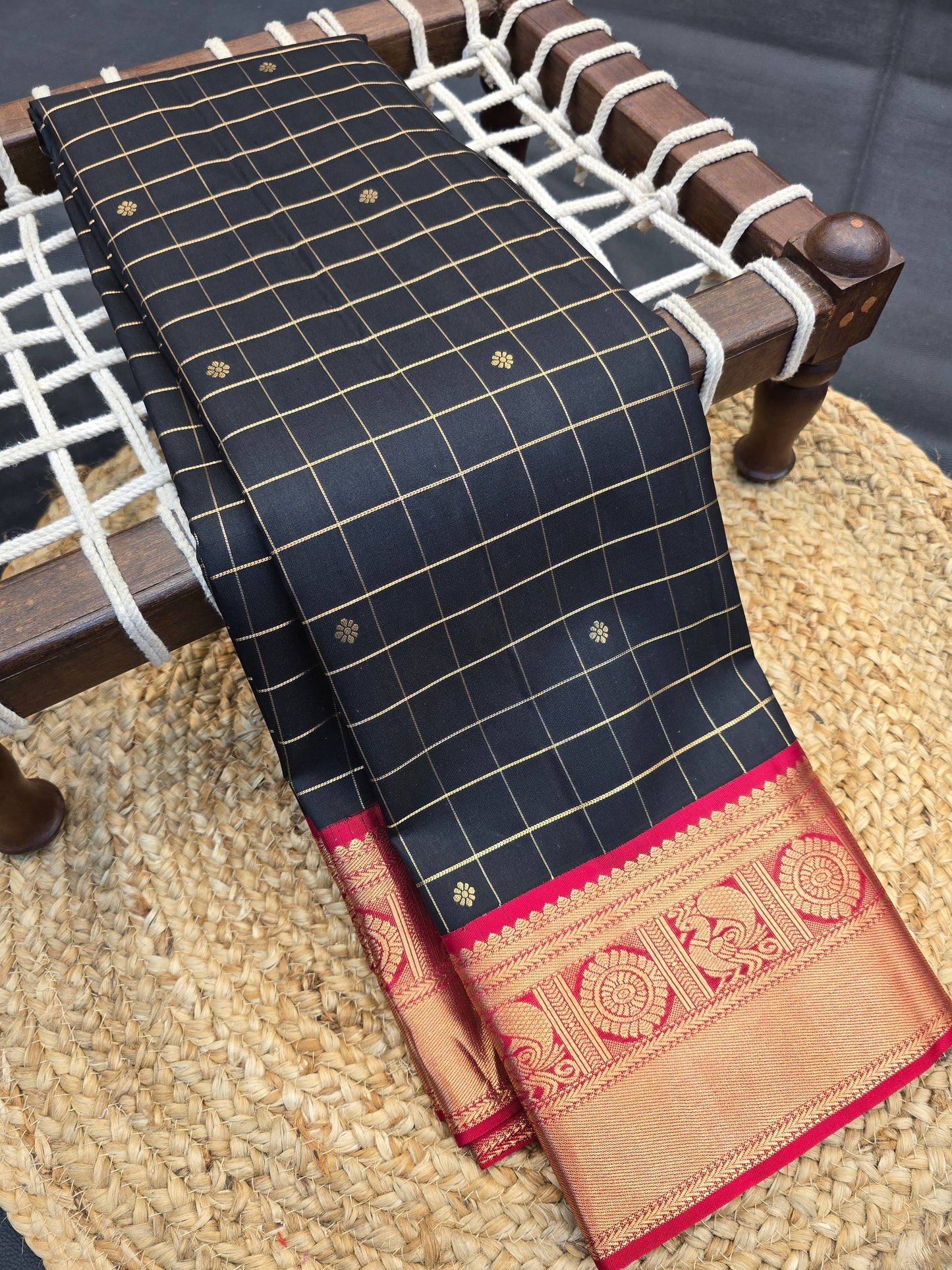 Kanchipuram Silk Saree Navy Blue with Gold Checks & Maroon Contrast Border Traditional Wear
