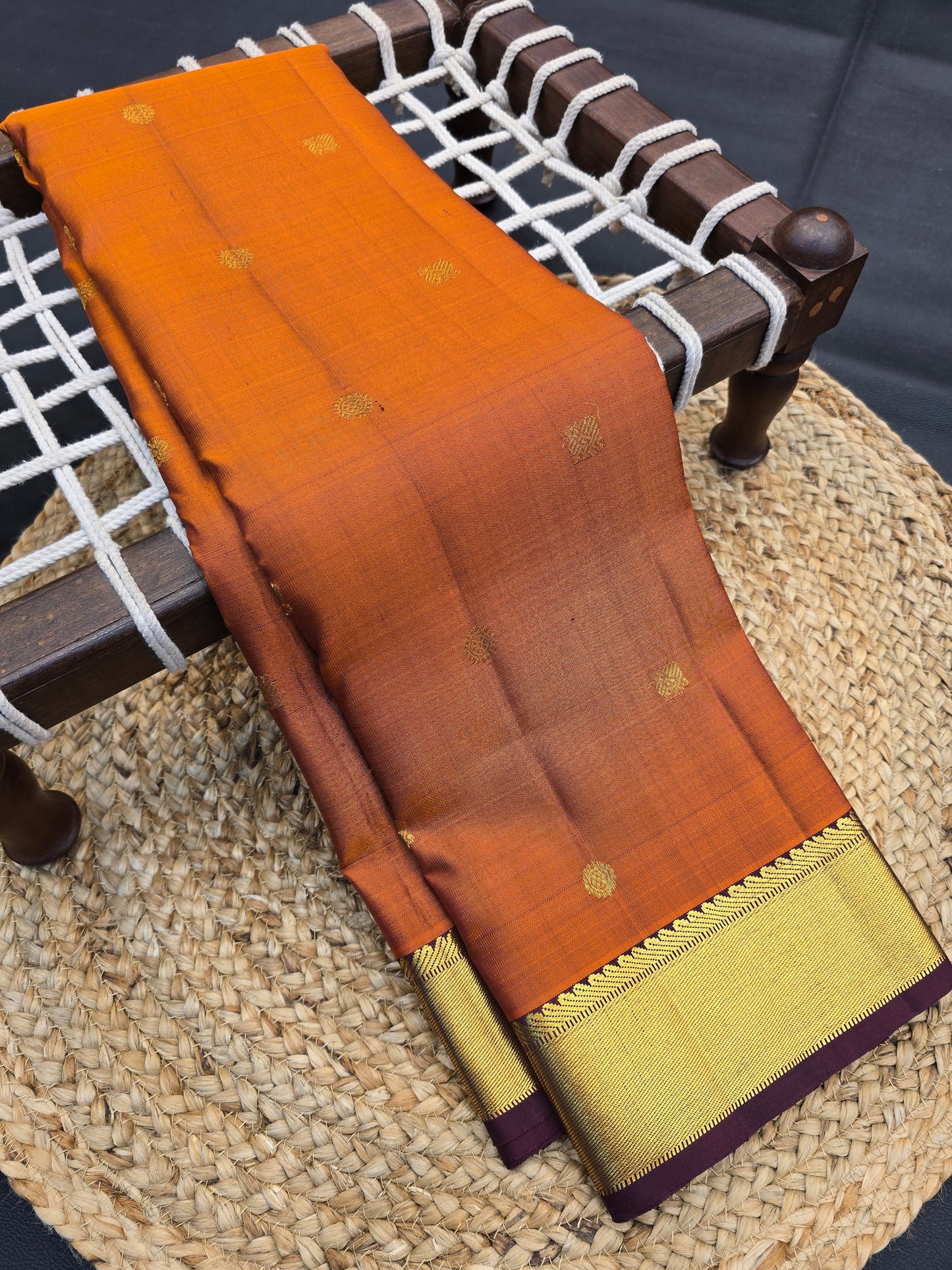 Kanchipuram Silk Saree Rust Orange with Purple Contrast Pallu & Zari Buttas Traditional Wear