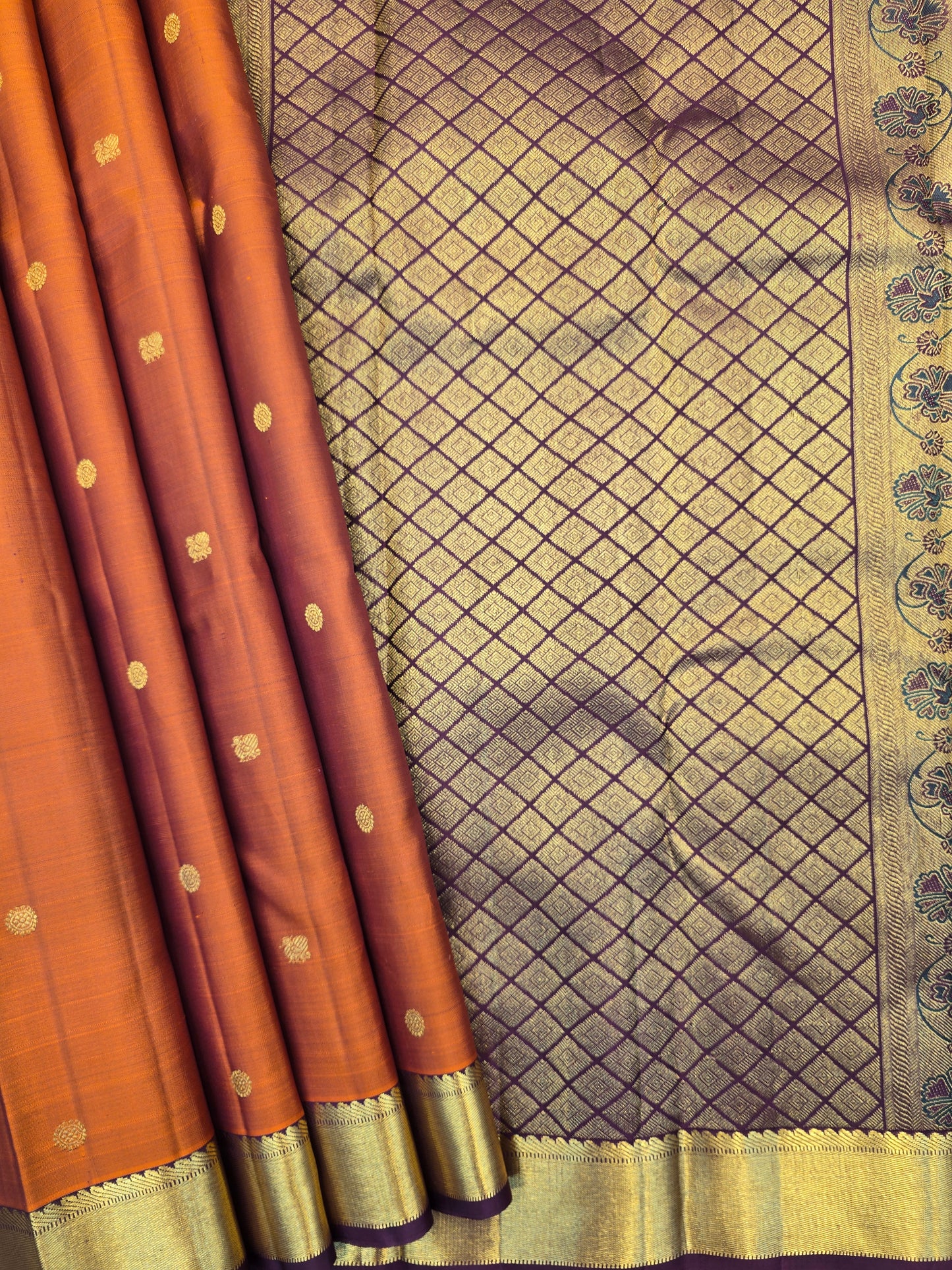 Kanchipuram Silk Saree Rust Orange with Purple Contrast Pallu & Zari Buttas Traditional Wear
